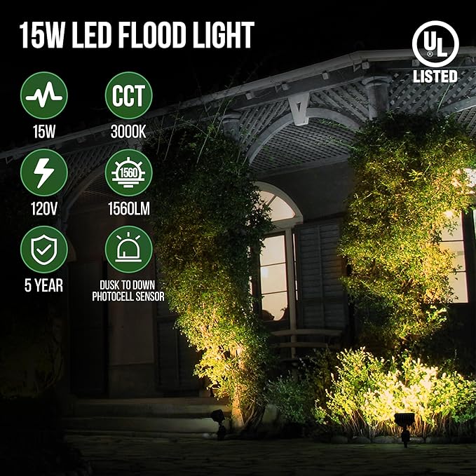GKOLED 15W LED Flood Lights Outdoor, Dusk to Dawn Security Light, with Anti-Glare Guard, 120V 3000K 1560LM Waterproof Landscape Lighting, Aluminum Lighting Fixture, 1/2" Knuckle Mount, UL Listed