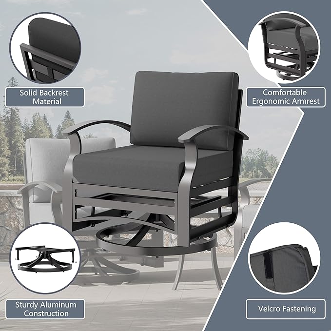 Aluminum Outdoor Patio Furniture Set,5 Pieces 7 Seats Patio Conversation Sets with 2 Swivel Rocking Chairs,Metal Patio Sectional Furniture Set with 5.1" Thickened Cushions,Black