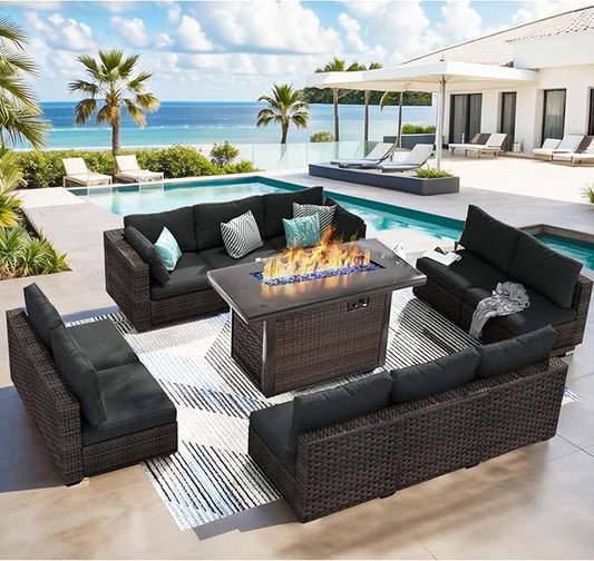 11 Pieces Patio Furniture Set with 44" Fire Pit Table, Rattan Outdoor Sectional Conversation Sets, All Weather Outdoor Furniture Set with Cushions for Garden Lawn Balcony Porch Deck Black