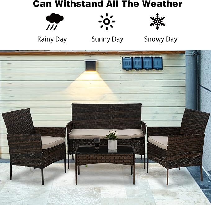 PayLessHere 4 Pieces Patio Furniture Set Rattan Outside Furniture Wicker Sofa Garden Conversation Sets with Soft Cushion and Glass Table for Yard Pool or Backyard,Brown