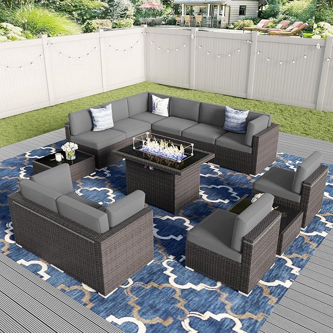 13 Pieces Patio Furniture Set with 44" Propane Gas Fire Pit Table, Outdoor Sectional Wicker Conversation Sofa Sets with Coffee Table