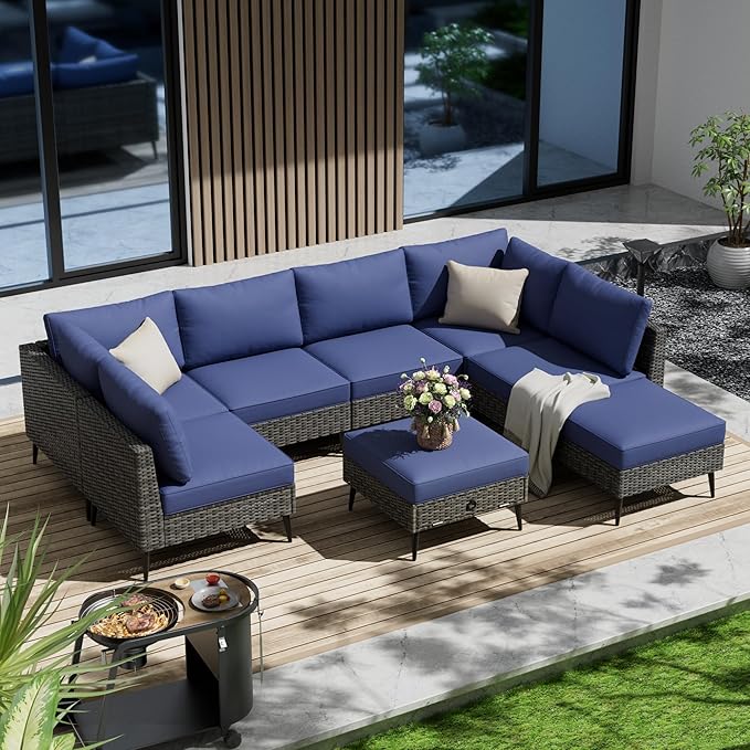 LVUYOYO 8 Pieces Outdoor Patio Furniture Set, Wicker Sectional Sofa Set for All-Weather, Rattan Conversation Sets with Cushions and Storage for Deck, Backyard, Porch (Grey)