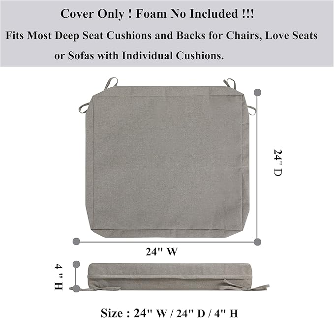 FUNHOME 2 Pack Outdoor Cushion Slipcovers 24" x 24" x 4", No Insert! Water-Resistant Patio Chair Seat Cushion Covers with Zipper and Tie, Replacement Cover Only(Beige Coffee)