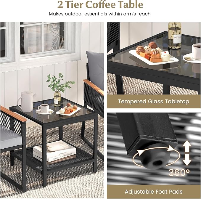 HAPPYGRILL 3 Pieces Patio Furniture Set PE Rattan Wicker Chairs with 2 Tier Coffee Table, Soft Back and Seat Cushions, Outdoor Conversation Set for Backyard, Garden and Poolside