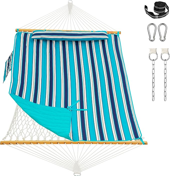 Lazy Daze Hammocks Rope Hammock with Pad, Spreader Bar, Carabiners, Tree Straps, Chains for Outside Patio- Max 450 Lbs, Turquoise Blue Stripes