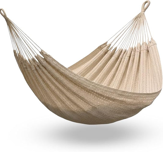 Double Hammock for 2 Person, 500 lbs Capacity – Handwoven Mexican Hammock, 100% Soft Cotton – 12 ft Mayan Hammock for Patio, Backyard, Indoor & Camping – Large, Beige