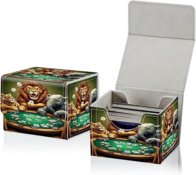 Card Deck Box for MTG, Cards Storage Box Fits 120+ Sleeved, Leather Small Size Strong Magnetic Closing Card Case for Board Games Magic TCG CCG Baseball Collection, Elephant Lion