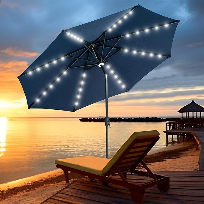 GDY 10Ft Patio Umbrella, Table Umbrella with 40 LED Lights, Outdoor Umbrellas for Patio, with Tilt and Crank, Center Light, for Garden, Deck, Backyard, Pool, and Beach.