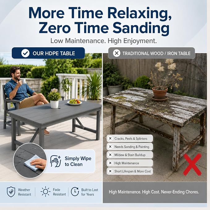 67" Rectangular Outdoor Dining Table, All-Weather HDPE Patio Table for 6-8 Person, Large Composite Wood Furniture with Umbrella Hole for Backyard Deck Garden Poolside, Gray