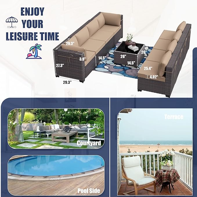 Patio Furniture Set 7PCS Outdoor Furniture for Backyard Sectional Sofa Set, Rattan Wicker Patio Conversation Set with 4 Inch Thickened Cushions and Glass Coffee Table, Sand