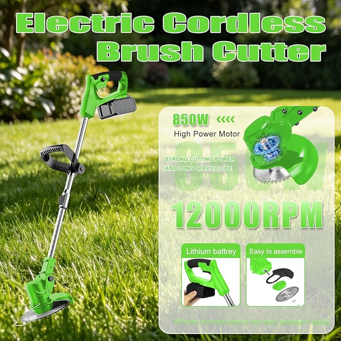 Electric Weed Wacker 21V Brush Cutters Battery Powered 3 in 1 Lightweight Weed Wacker Eater with Blade Adjustable Pole Cordless Grass Trimmer with 2 * 2.0Ah Batteries and Charger for Garden Yard Green