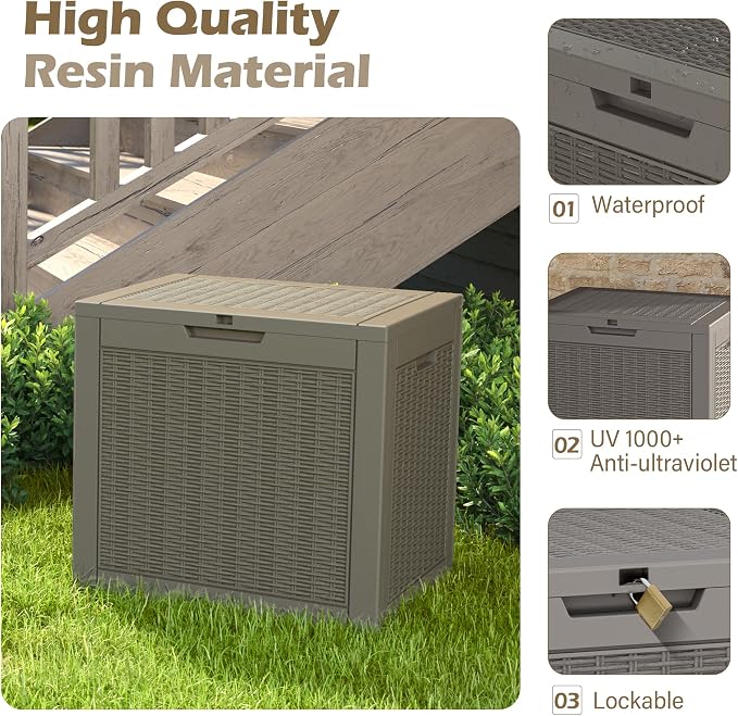Outdoor Storage Box, 31 Gallon Deck Box with Lockable Lid, Waterproof Resin Storage Bin for Patio Furniture, Garden Tools, Cushions, Grey
