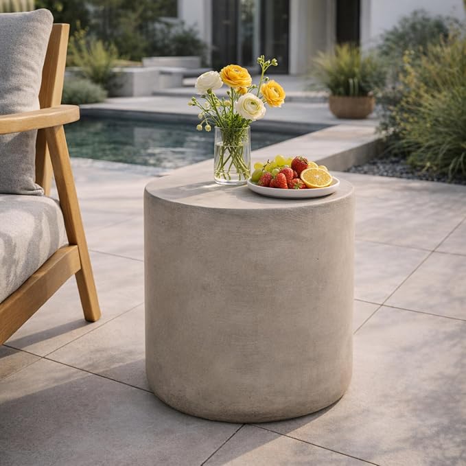 Outdoor Side Table Faux Marble End Table Faux Stone Travertine Small Coffee Table for Indoor Outdoor, Garden Stool Plant Stand for Porch, Backyard Patio 15.75"*16" Cylindrical Grey
