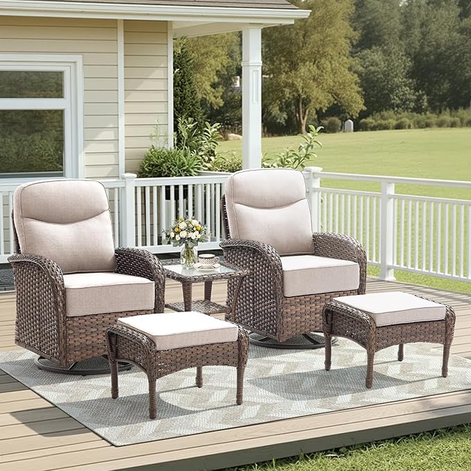 5 Pieces Luxury Patio Furniture Sets with 6-Inch Thick Cushions, High Back Swivel Outdoor Rocking Chairs Set of 2 with Multifunctional Ottoman, Wicker Conversation Set for Porch Garden, Beige