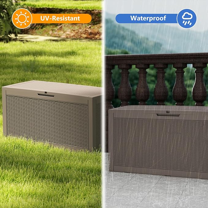 Outdoor Storage Box, 110 Gallon Waterproof Deck Box [Upgraded 3.0], Auto-Open Gas Struts Resin Organizer for Lounger Pillows, Secure Lockable Backyard Storage Bench, Poolside Deck, Grey