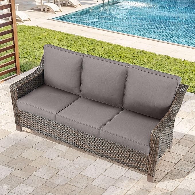 Outdoor Couch Wicker Patio Sofa-3-Seat High Back Outdoor Rattan Sofa Outdoor Patio Couch for Deck Balcony Poolside Backyard-Brown/Grey