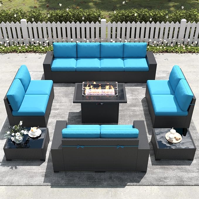 LayinSun 13 Pieces Outdoor Patio Furniture Set with 44" Fire Pit Table Rattan Sectional Sofa Conversation Sets