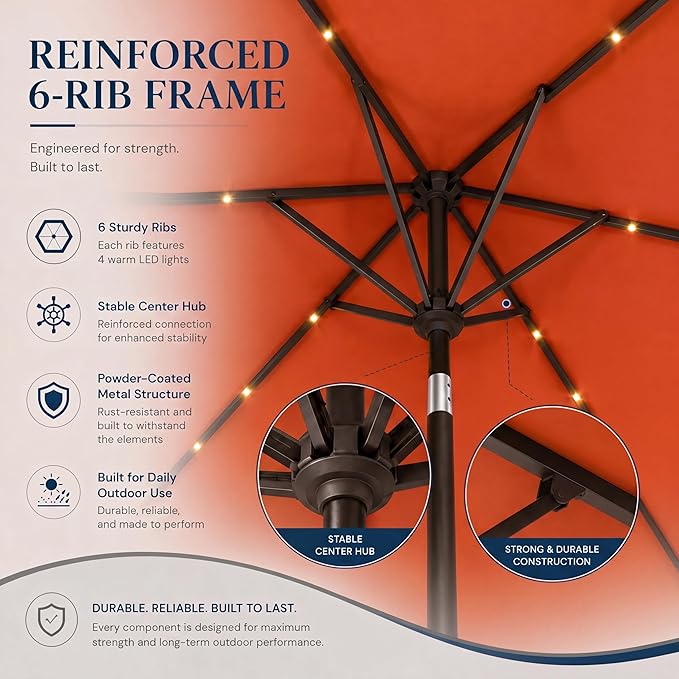 6.5 x 10ft Rectangular Patio Umbrella with Solar Lights, 16 LED Lighted Market Umbrella with Push-Button Tilt and Crank, 6 Sturdy Iron Ribs for Garden, Deck, Pool, Terracotta