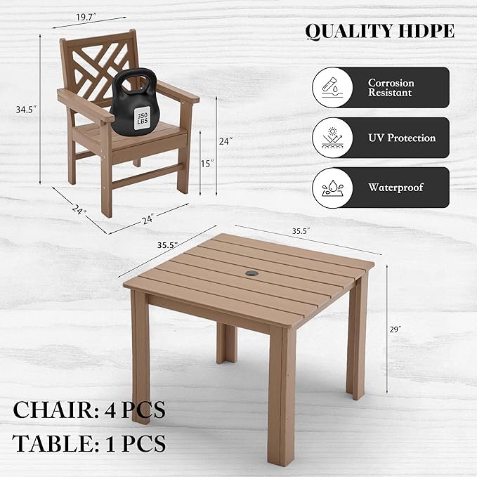 HDPE Outdoor Dining Set,5-Piece Outdoor Table and Chairs Include 4 Armchair Chairs and 32.5" Square Patio Dining Table with Umbrella Hole (Brown)