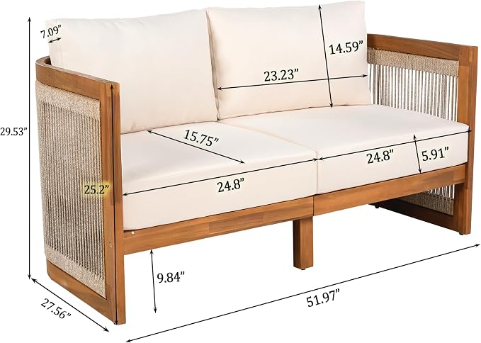 4-Piece Patio Conversation Set,All Weather Sectional Sofa Set w/ 2 Chairs, Loveseat & Table Premium, Acacia Wood Outdoor Furniture Set with Woven Rope Accents and Cushions (Teak+ Beige#82)
