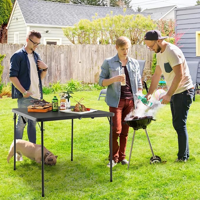 Tangkula 34" Folding Table, Portable Picnic Table with All-Weather HDPE Tabletop, Heavy-Duty Metal Frame, Carry Handle, Fold-in-Half Plastic Outdoor Table for Camping, Dining, BBQ, No Assembly Needed