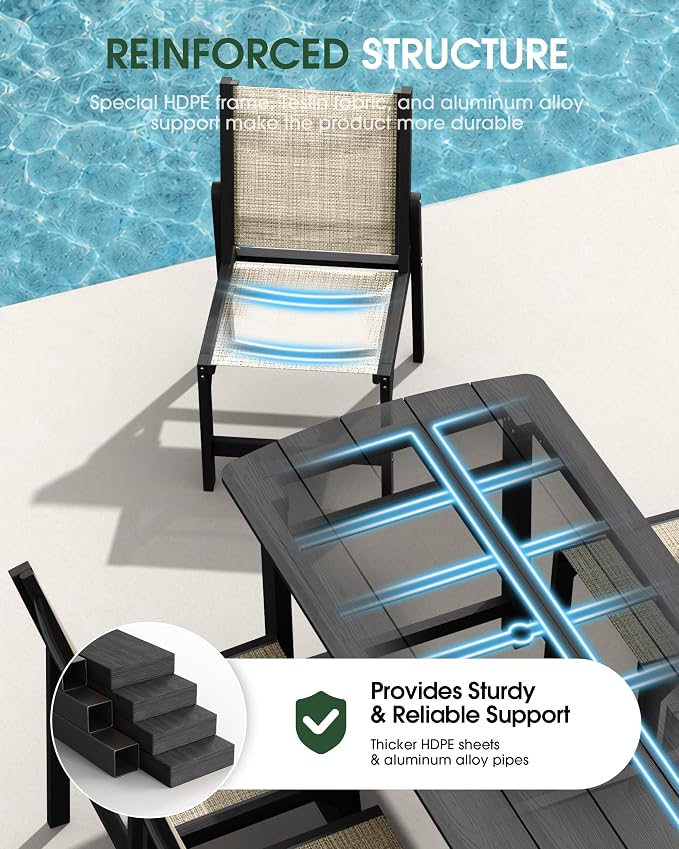 HDPE Outdoor Patio Dining Set with Table & 6 Stackable Armless Textilene Chairs, All-Weather 7-Piece Dining Table Set with Umbrella Hole, Patio Furniture for Garden, Poolside, Backyard, Deck | Black