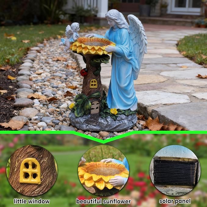 Voveexy Solar Garden Statue, Angel Outdoor Decor with Color Changing Light Garden Figurine Sunflower Outdoor Statue Waterproof Sculpture Lawn Ornament for Patio Backyard Christmas Birthday Present