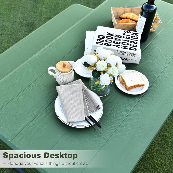S AFSTAR Picnic Table Bench Set, 59” Expanded Rectangular Picnic Table, Outdoor Table and Bench W/Steel Frame & Wood-Like Texture Tabletop, Camping Table Chair Set for Garden Patio Lawn Deck (Green)