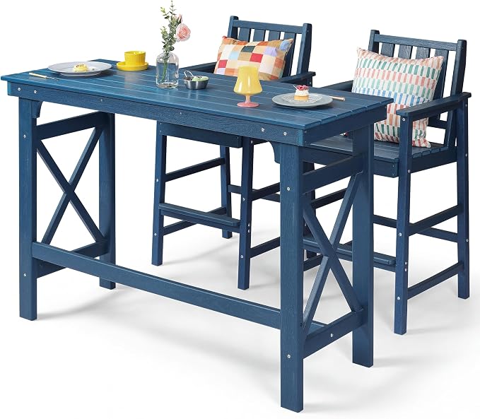 3-Piece Outdoor Bar Table and Chairs Set, HDPE Counter Height Patio Dining Sets, Adirondack Bar Height Chairs Set of 2 and Bar Table for Bistro, Poolside, Backyard, Blue