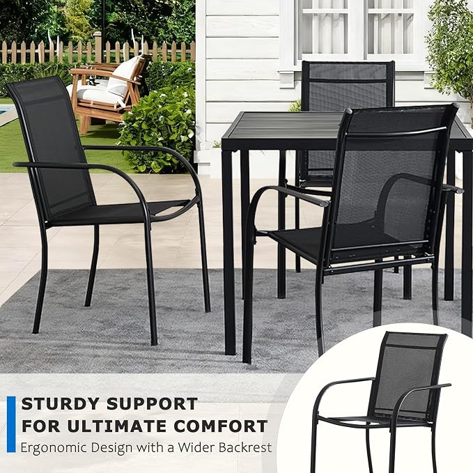 5-Piece Outdoor Dining Set, 35.5" Square Metal Patio Table with Black Chairs, Black Table with Umbrella Hole for Garden, Yard, Patio