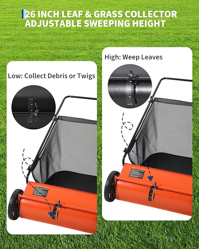 Takywep 26-Inch Push Lawn Sweeper, Anti-Rust Steel Frame, 4 High-Density Brushes, Adjustable Height, 7 Cu.Ft Collection Bag for Yard Debris (Orange & Black)