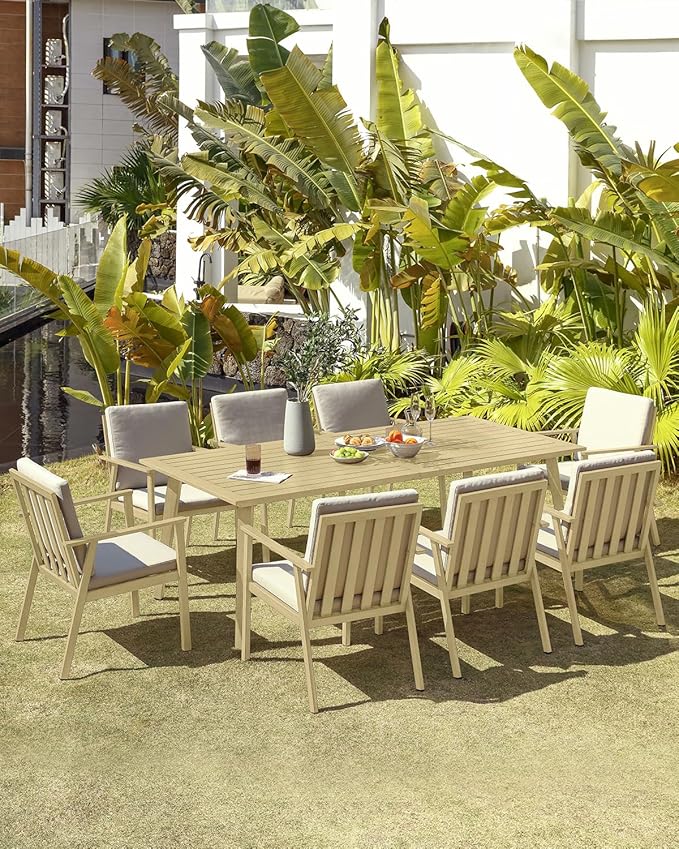 9 Pieces Outdoor Dining Set, Never-Rust Aluminum Patio Furniture Set with Umbrella Hole, All-Weather Outdoor Patio Dining Set for 8, Patio Table and Chair Set for Garden, Lawn, Maple Wood