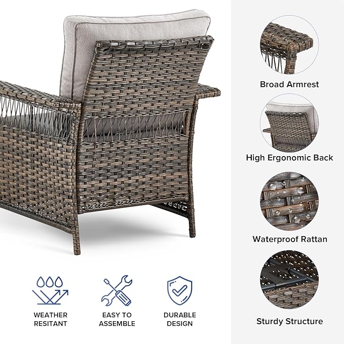 Outdoor Wicker Patio Furniture Set - 5 Piece Rattan Patio Conversation Sets with 2 Armrest Chairs,2 Ottomans and 1 Side Table for Porch Deck Garden(Brown/Beige)
