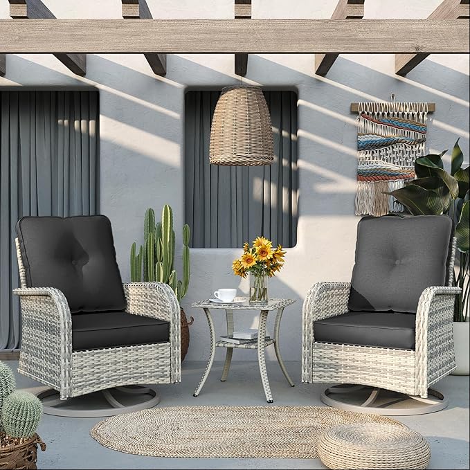 Patio Rocking Swivel Chair Outdoor Wicker Rattan Bistro Set with Tempered Glass Side Table, Outdoor Patio Furniture Set for Garden, Deck, and Balcony, Dark Grey