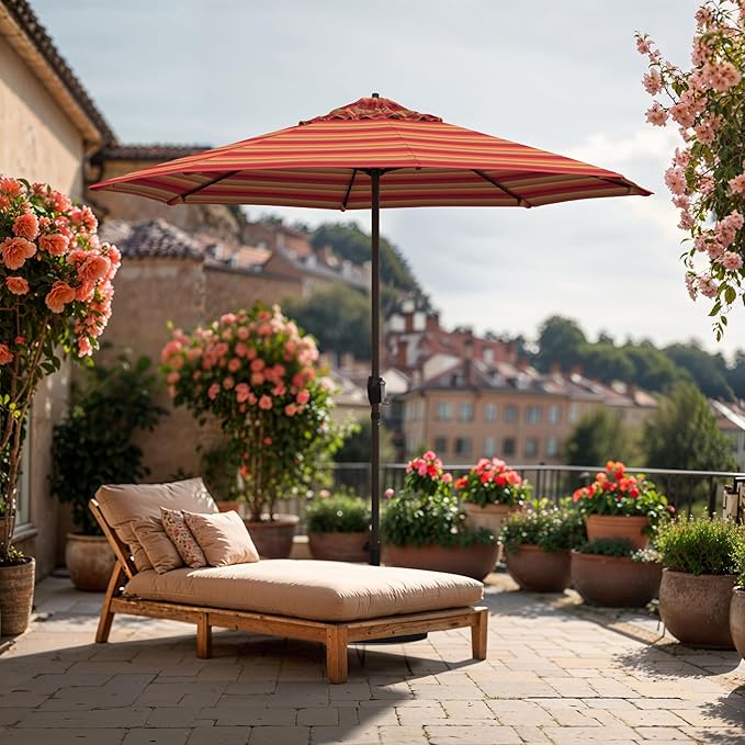 California Umbrella 12-Year Protection 9-Ft Outdoor Patio Umbrella, Sunbrella Fade-Resistant Fabric, Auto-Tilt, Heavy Duty Aluminum Frame, 8 Reinforced Ribs for Pool or Deck, Bronze Pole, Astoria Sunset