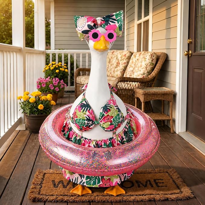 Summer Lawn Goose Outfit Set, Floral Bikini Costume with Glitter Swim Ring Flower Sunglasses Bow Headband, Fits Standard 23 Inch Porch Goose Statue, Outdoor Garden Yard Decor