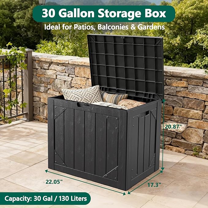 Outdoor Storage Box, 30 Gallon Lockable Waterproof Deck Storage Box, Yard Storage Bin, Suitable for Indoor and Outdoor, Black
