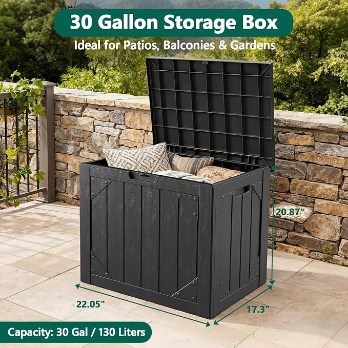 Outdoor Storage Box,30 Gallon Deck Box Outdoor Storage Bench Outside Waterproof Resin Storage Bench, Lockable Patio Cushions, Garden Tools Storage For Furniture, UV Resistant(Black)