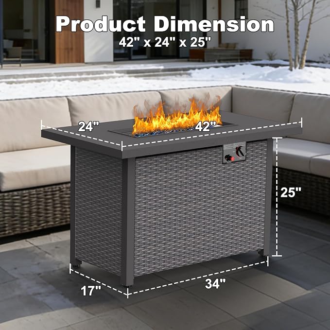 Patio Furniture Set w/ Fire Pit Table, 6PCS Outdoor Conversation Sets Waterproof Rattan Sectional Sofa with 4” Thickened Cushion Modular Wicker Patio Furniture Set with Glass Top Table (Navy Blue)
