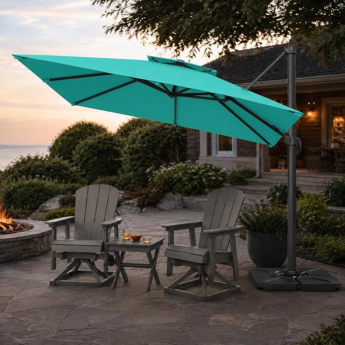 10FT Cantilever Patio Umbrella with Solar Lights, Large Outdoor 2 Tier Aluminum Offset Square Umbrellas 360 Degree Rotation for Garden Deck Pool