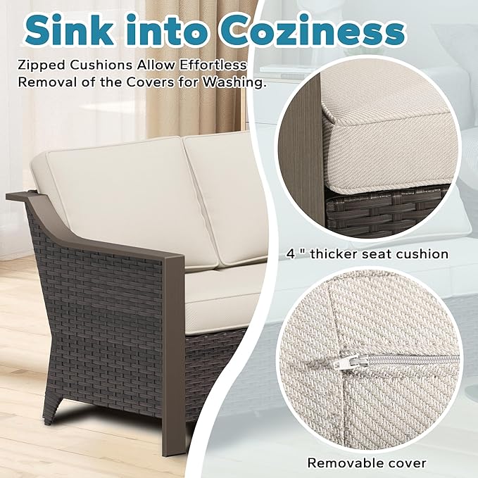 3 Pieces Outdoor Patio Conversation Furniture Set - 75" 3-Seat Sofa | 2 Swivel Glider Rocker Chairs | Wicker End Table, Metal Wicker Couch, Deck (Beige and Brown Stripe)