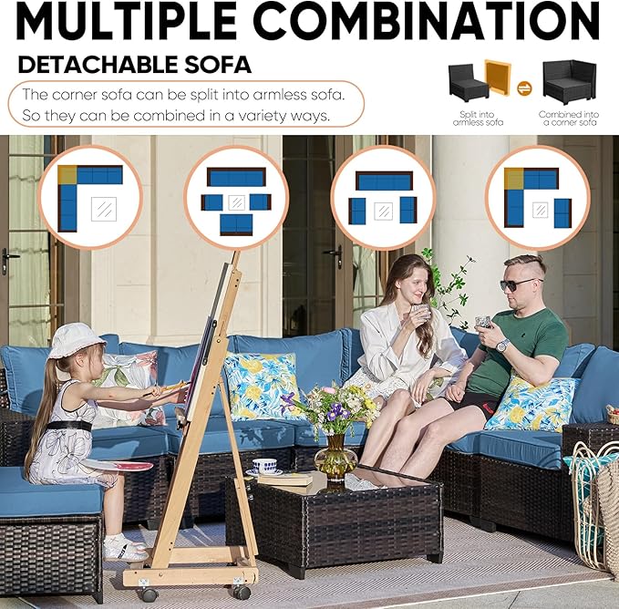 8 Pieces Patio Furniture Set,Wicker PE Rattan Outdoor Sectional with Cushion & Coffee Table, Patio Conversation Sofa for Garden, Backyard, Poolside, Peacock Blue