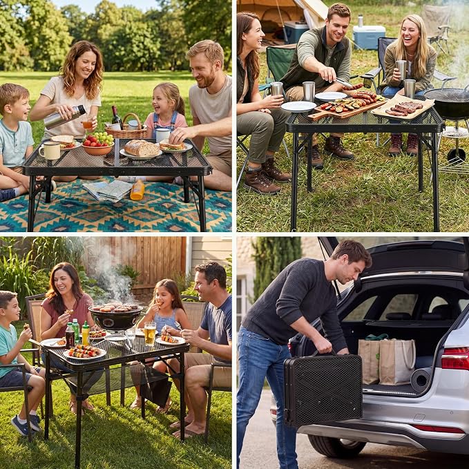 Folding Grill Table, 24"x16" Portable Camping Table with Storage Pocket, Heat Resistant & Waterproof Outdoor Picnic Table, Sturdy Lightweight for Travel Cooking BBQ, Camping, Backyard