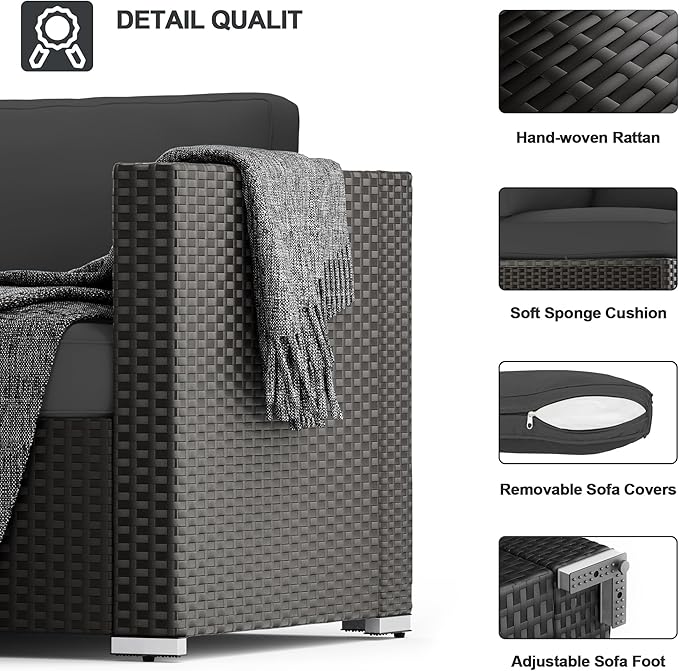 SUNCROWN 7-Piece Outdoor Patio Furniture Sofa Set All-Weather Wicker Sectional Conversation Set with Modern Glass Coffee Table, Cushions and Waterproof Cover,Dark Grey