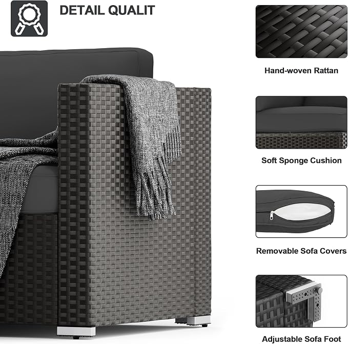 SUNCROWN 7-Piece Outdoor Patio Furniture Sofa Set All-Weather Black Wicker Sectional Conversation Set with Modern Glass Coffee Table and Cushions, Garden, Backyard, Deck, Poolside,Dark Grey