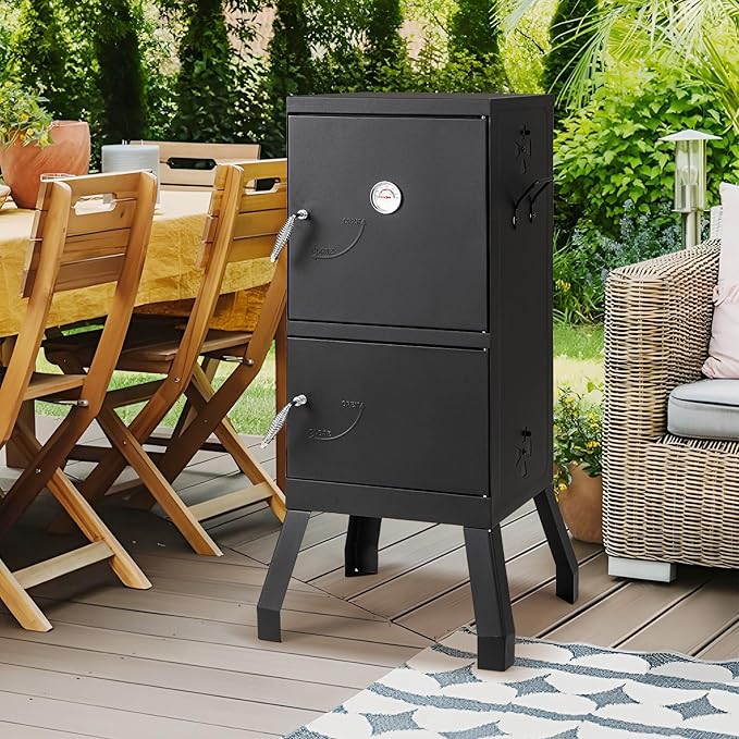Giantex Outdoor Smoker with Double Doors, 2 Detachable Grill Netting Smoking Racks, Charcoal Pan & Water Pan, 4 Air Vents, Thermometer, Vertical Charcoal Smoker for Barbecue Camping Backyard Grill