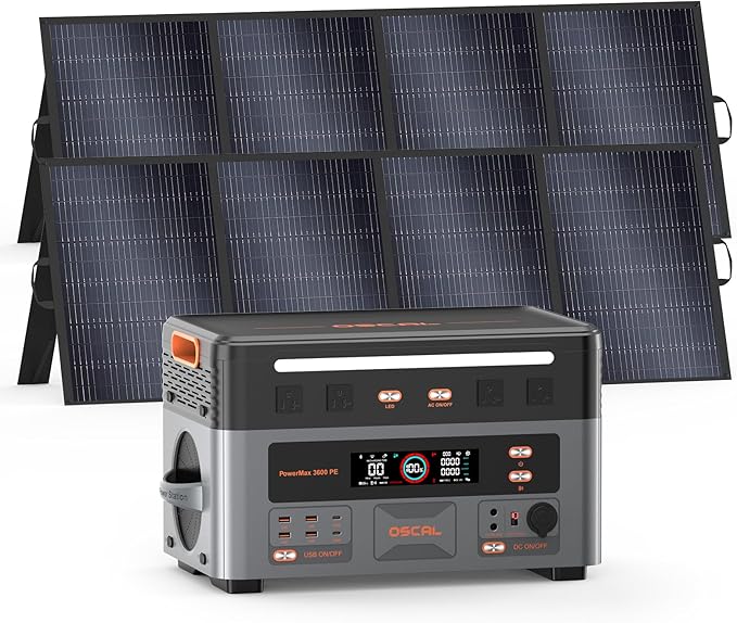 OSCAL 3600W with 2x400W Solar Panels, Portable Power Station, 2016Wh LiFePO4 Battery, 3600W(Peak 7200W) Solar Generator, 90 Min Fast Charge, 14 Ports, LED Light, Home Backup, RV, Camping & Outdoor