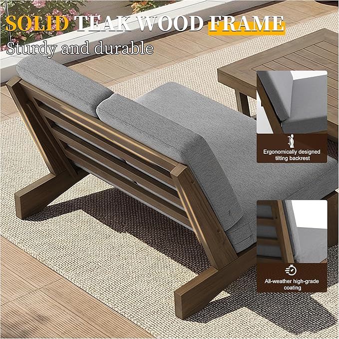 UIXE All Weather Wood Patio Furniture Sets, 3 Pieces Patio Loveseat Sofa Outdoor Sectional Futniture Backyard Conversation Set with Solid Wooden Coffee Table - Grey
