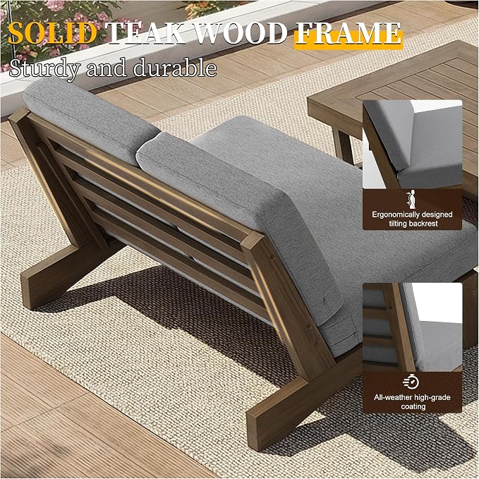 Outdoor Furniture Patio Couch, Weather Resistant Patio Loveseat Sofa Couch with Removable Cushion & Pillows, Teak Wood Frame for Porch & Backyard Seating - Grey
