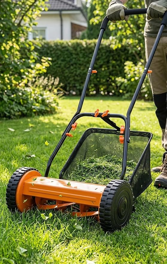 16in Push Along Lawn Mower - Lightweight 17.2 lbs - 4 Cutting Heights 0.6" to 1.6" - Rear Roller for Stripes - 16in Heavy Duty Steel Blades - 6.5 Gallon Collection Box (16 in)